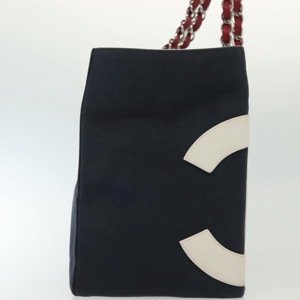 CHANEL Choco Bar Line Chain Tote Bag Canvas Navy Silver CC Auth - Picture 4 of 16